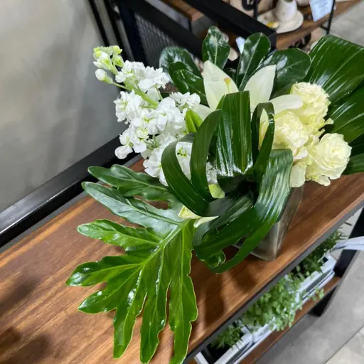 Arreglo de verde y flores blancas hebe